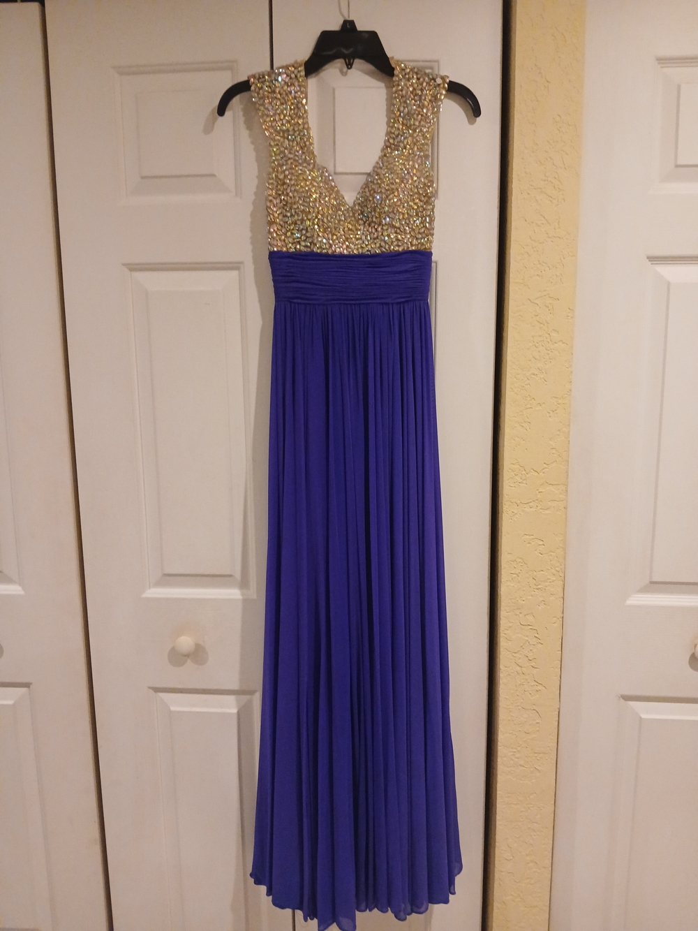 Gold Sequin Bodice Royal Blue Evening Gown